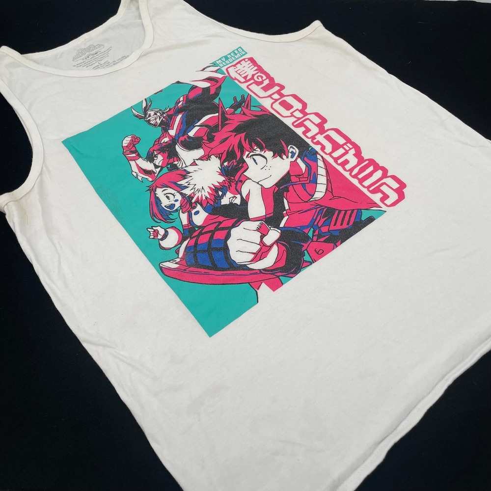 My Hero Academia Men White Graphic Tank Top Deku Bakugo All Might Size L Anime